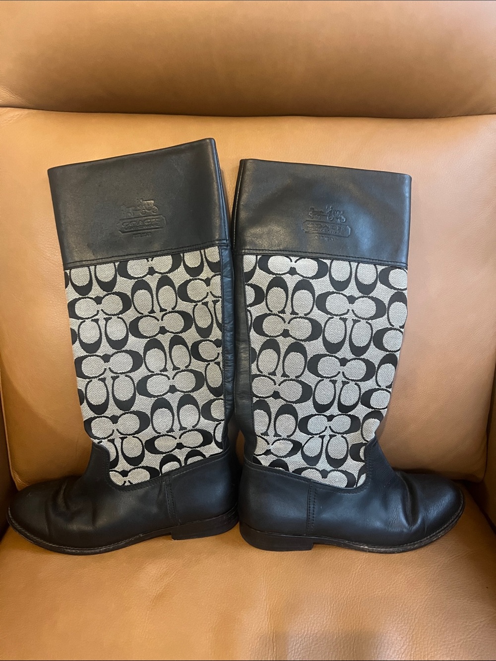 Coach Black and Cream Signature Canvas Tall Boots